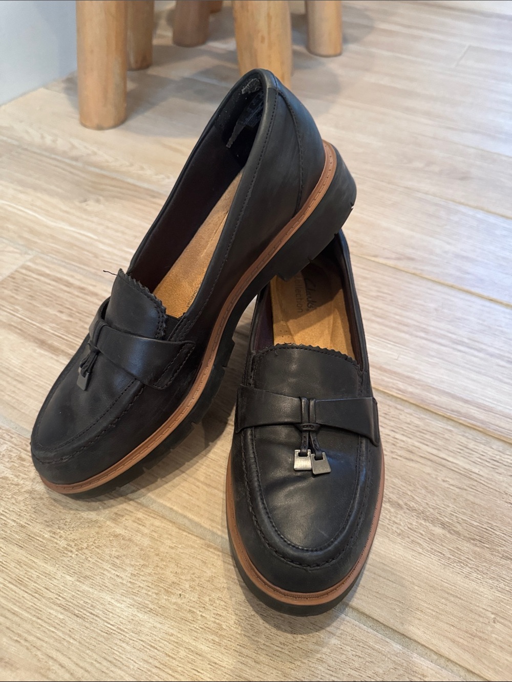 Clarks Black Leather Tassel Loafers with Brown Welt - Women